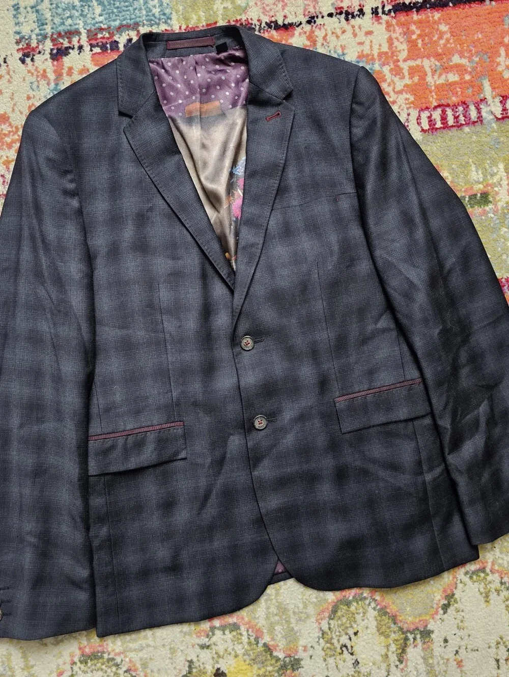 Ted Baker Men's Blazer Sport Coat Size 4 Measures 40R Gray Plaid 100% Wool